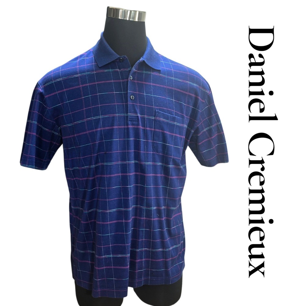 Daniel Cremieux Polo Shirt Mens L Navy Blue Cotton Grid Signature Short Sleeve